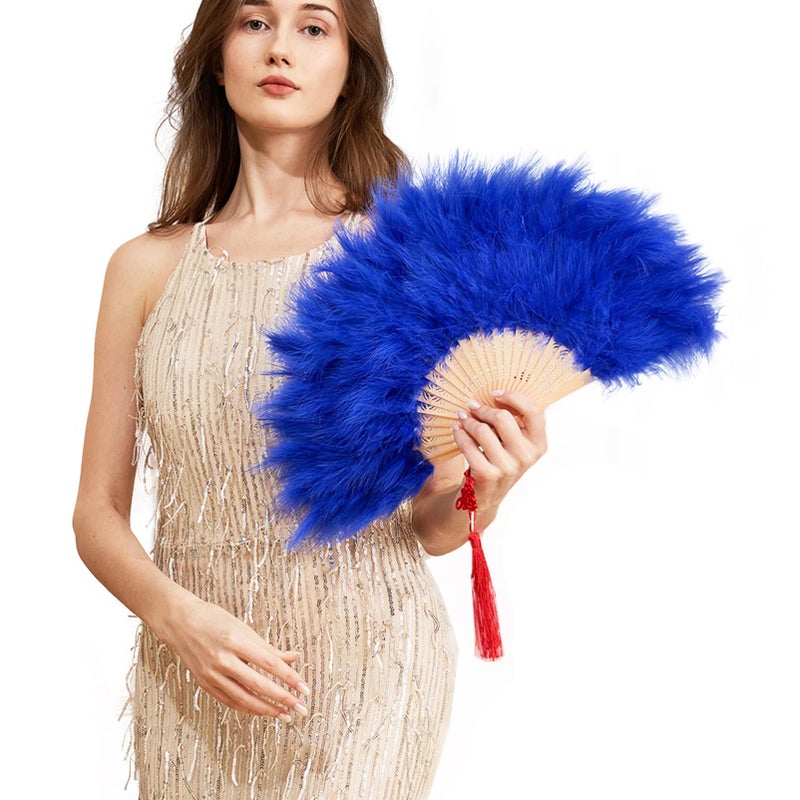 Happy Feather Handheld Marabou Feather Fan, 1920s Vintage Style Flapper Hand Fan for Costume Party and Dancing-Royal Blue - Image 1